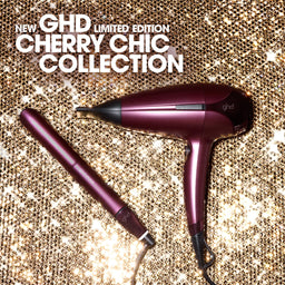 GHD hair dryer and straightener with 'New GHD Limited Edition Cherry Chic Collection' text on a glittery background