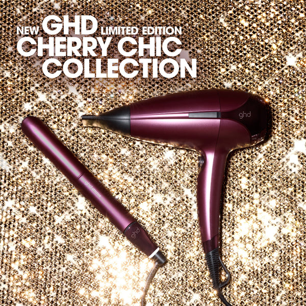 GHD hair dryer and straightener with 'New GHD Limited Edition Cherry Chic Collection' text on a glittery background