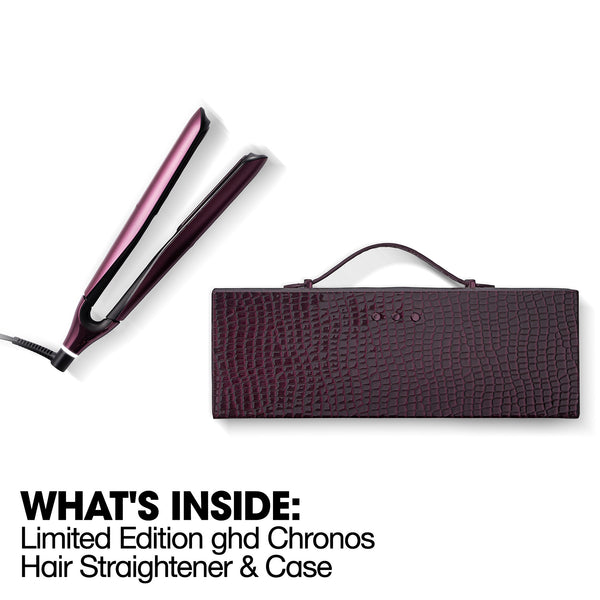 Limited Edition ghd Chronos Hair Straightener with its case on a white background