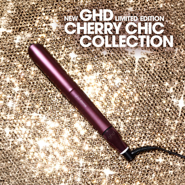 Purple hair straightener on a glittery gold background with 'New GHD Limited Edition Cherry Chic Collection' text.
