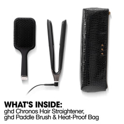 ghd Chronos hair straightener, paddle brush, and heat-proof bag on a white background