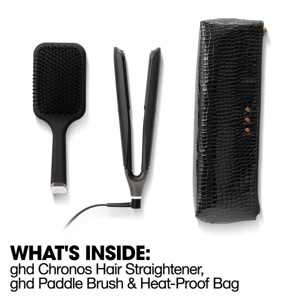 ghd Chronos hair straightener, paddle brush, and heat-proof bag on a white background