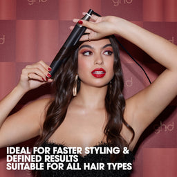 Woman using a hair straightener with text about its benefits on a red checkered background