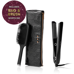 Hair straightener and brush with a decorative case on a white background