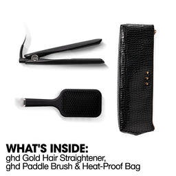 ghd Gold Hair Straightener, paddle brush, and heat-proof bag on a white background