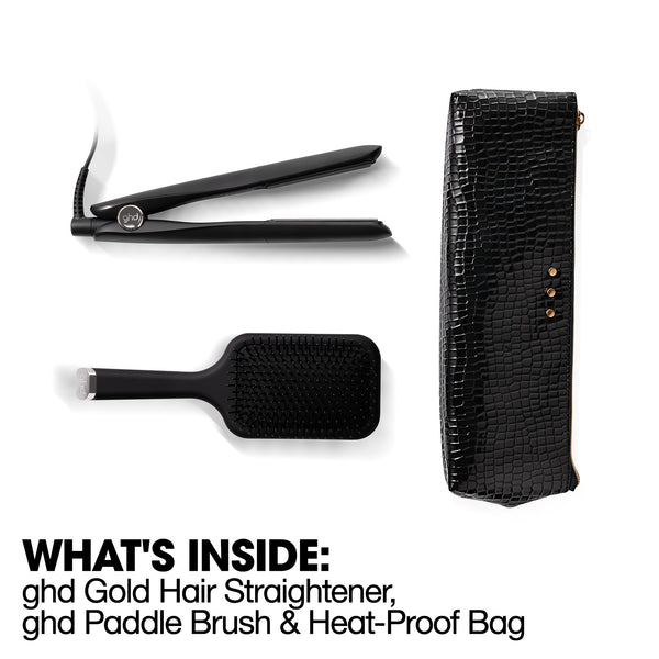 ghd Gold Hair Straightener, paddle brush, and heat-proof bag on a white background