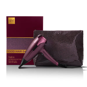 Purple hair dryer with textured pouch and 'ghd' branded box on a white background