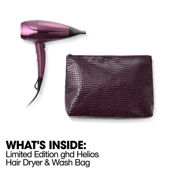 Purple hair dryer and textured wash bag on a white background