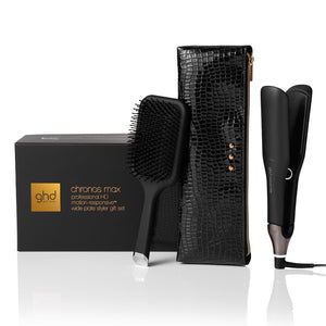 ghd chronos max gift set with paddle brush, straightener, and case on a white background