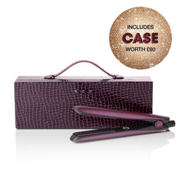 Hair straightener with a matching case on a white background, including a decorative text bubble.