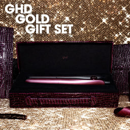 GHD Gold gift set in a decorative box with a glittery background
