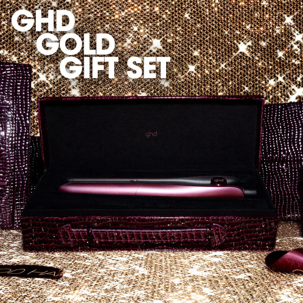 GHD Gold gift set in a decorative box with a glittery background