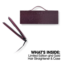 Limited Edition ghd Gold Hair Straightener with matching case on a white background