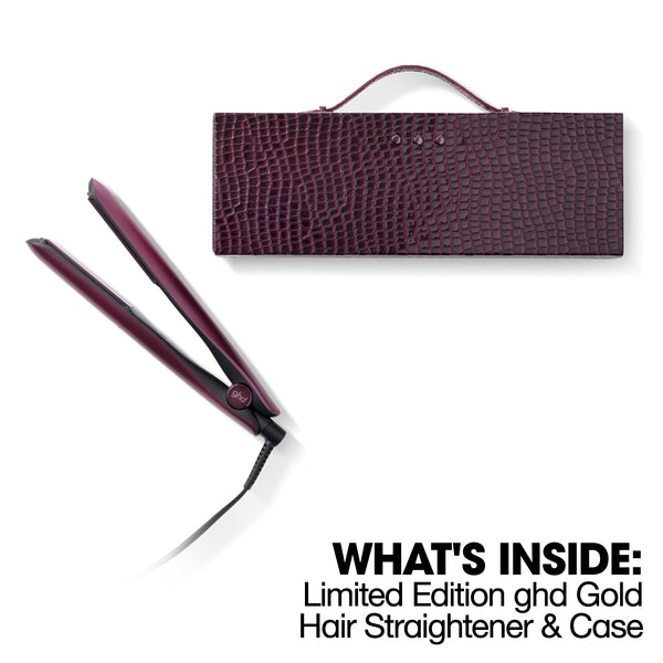 Limited Edition ghd Gold Hair Straightener with matching case on a white background