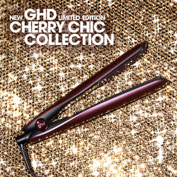 GHD hair straightener with 'New GHD Limited Edition Cherry Chic Collection' text on a glittery background