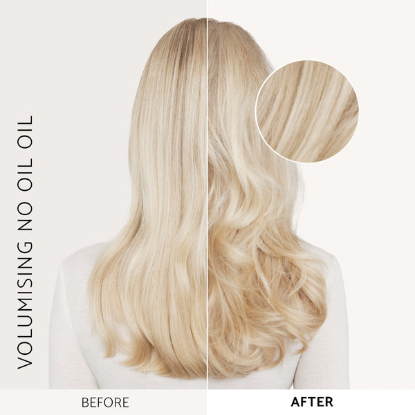 Before and after comparison of voluminous blonde hair with 'Volumising No Oil Oil' product.