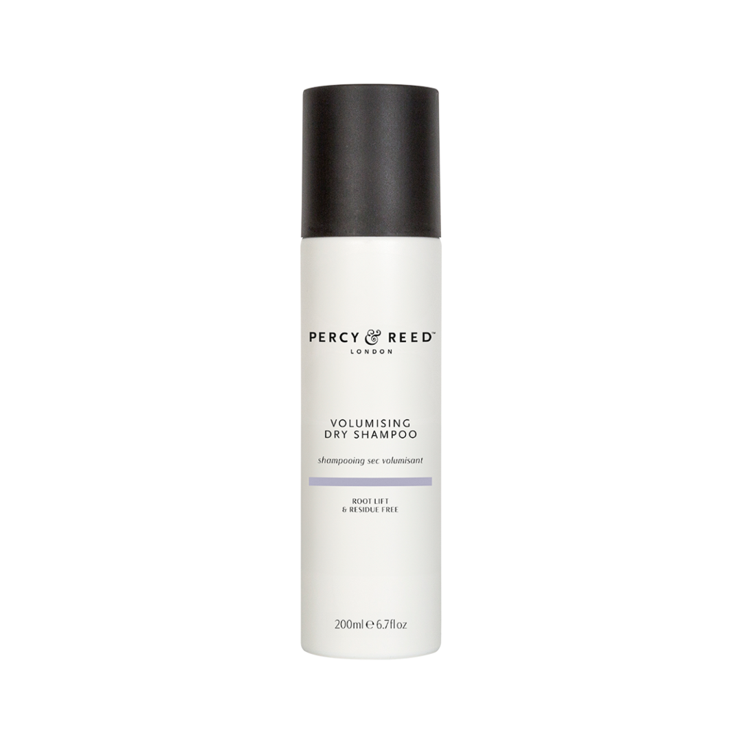 Percy Reed London Volumising Dry Shampoo in a 200ml white bottle with a black cap, shown on a plain white background.
