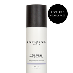 Percy & Reed London Volumising Dry Shampoo bottle with a black cap and white body, shown on a white background with a black circular badge reading 'ROOT LIFT & RESIDUE FREE'.