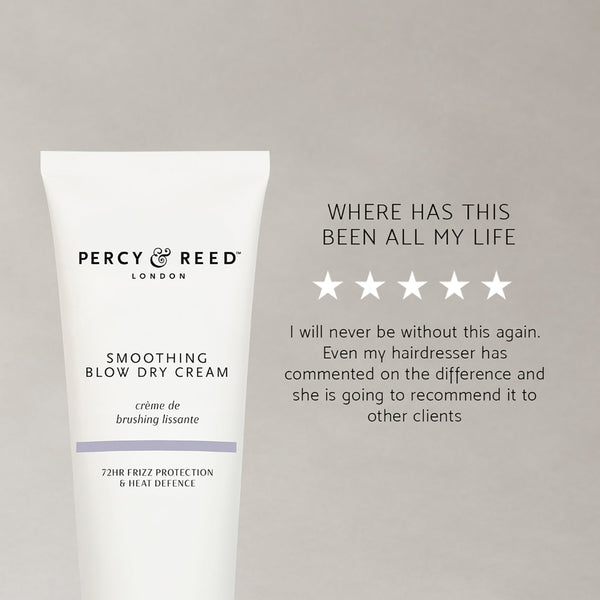 A white tube of Percy & Reed London Smoothing Blow Dry Cream on a light gray background, next to promotional text with five stars and a customer review.