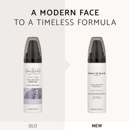 A side-by-side comparison graphic showing two bottles of Percy & Reed Volumising Mousse, labeled 'OLD' on the left and 'NEW' on the right, under the headline 'A MODERN FACE TO A TIMELESS FORMULA'. The new bottle features a clean white label with a lavender accent stripe, while the old bottle has a more cluttered, vintage-style label.