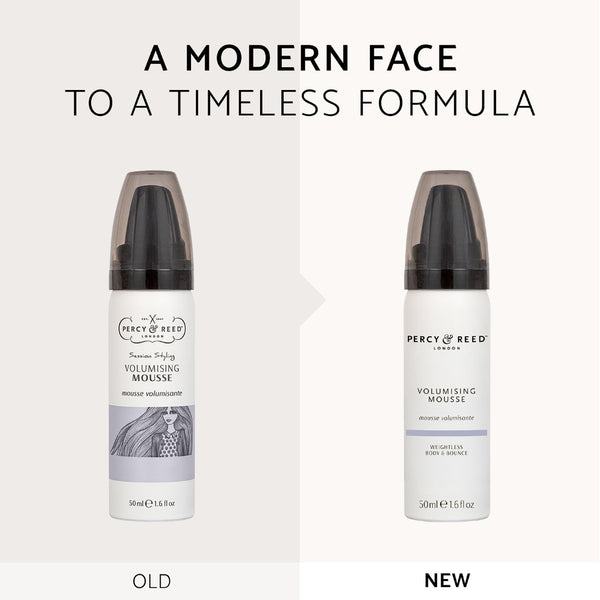 A side-by-side comparison graphic showing two bottles of Percy & Reed Volumising Mousse, labeled 'OLD' on the left and 'NEW' on the right, under the headline 'A MODERN FACE TO A TIMELESS FORMULA'. The new bottle features a clean white label with a lavender accent stripe, while the old bottle has a more cluttered, vintage-style label.