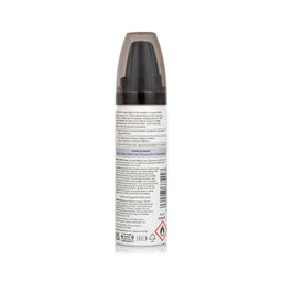 A tall cylindrical spray bottle shown from the back, featuring a translucent dark gray cap, black spray nozzle, and a white label with fine black text and a barcode.