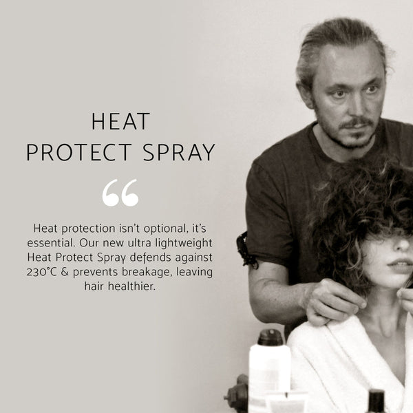 Promotional graphic for Heat Protect Spray featuring a hairstylist holding a client's hair next to a bottle of the product, with text on the left explaining heat protection benefits.