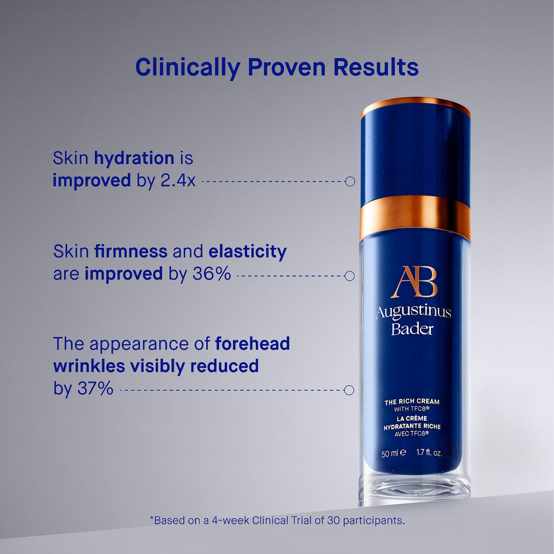 Augustinus Bader skincare cream bottle with clinical benefits on a gray background