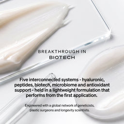 A close-up of a white cream or gel product spread across a glossy surface with overlaid marketing text reading 'BREAKTHROUGH IN BIOTECH' and additional copy about five interconnected systems.