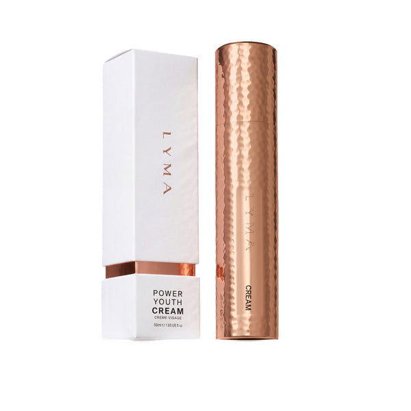 LYMA Power Youth Serum shown with its white rectangular box and a metallic rose-gold cylindrical bottle on a clean white background.