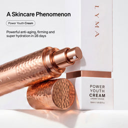 LYMA Power Youth Cream skincare set featuring a hammered rose gold pump bottle, its matching cap, and the white product box with rose gold accents on a clean white background.