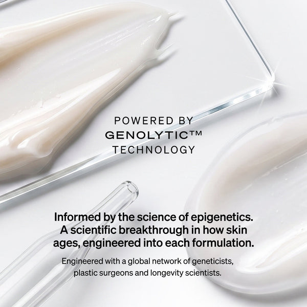 A close-up of a white cream or serum swirled in a clear glass dish, with additional clear pipettes and text reading 'POWERED BY GENOLYTIC TECHNOLOGY' and descriptive copy about epigenetics and skin aging.