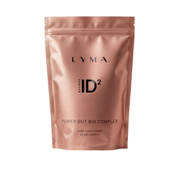 A metallic rose gold stand-up pouch of Lyma ID2 Power Gut Bio Complex food supplement, shown on a plain white background.