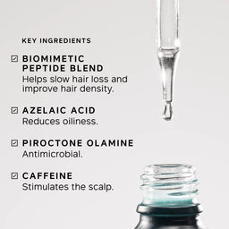 Vial with a dropper and key ingredients listed on a light gray background