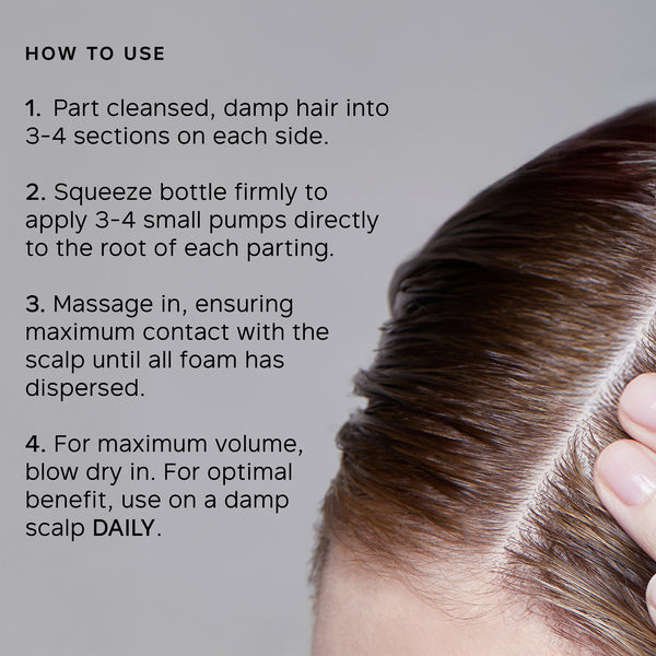 Hair care product use instructions with a close-up of hair and scalp.