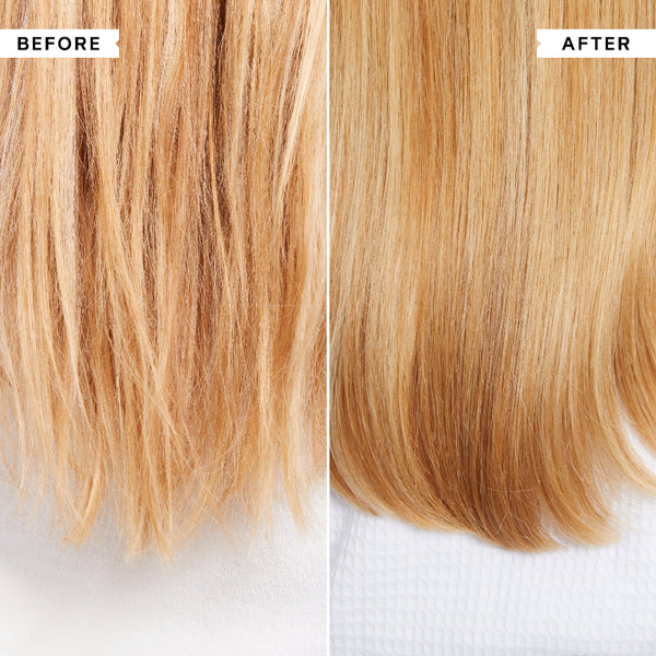 A side-by-side before and after comparison of blonde hair texture and shine. The left side labeled BEFORE shows frizzy, uneven strands, and the right side labeled AFTER shows smooth, straight, and glossy hair.