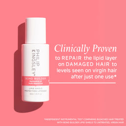 A white bottle of Philip Kingsley Bond Builder Restoring Oil Lipid Shield Protection shown on a solid pink background with promotional text on the right.