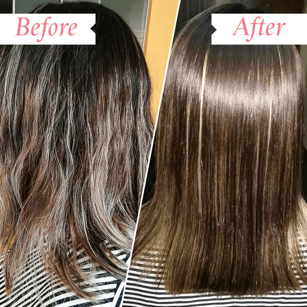 Before and after hair transformation comparison showing a person's shoulder-length brown hair with highlighted sections, with 'Before' on the left and 'After' on the right.