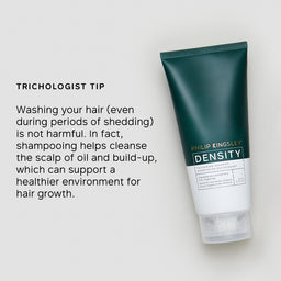 Tube of Philip Kingsley Density shampoo on a white background with text about hair care.