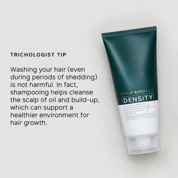Tube of Philip Kingsley Density shampoo on a white background with text about hair care.