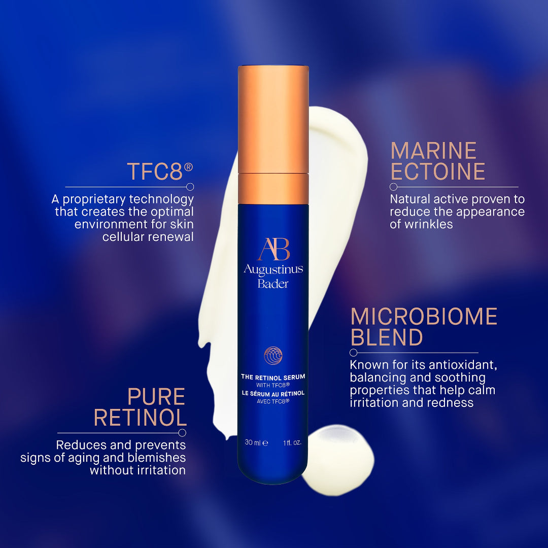 Skincare serum bottle with text highlighting ingredients and benefits on a blue background