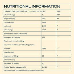 Nutritional information table for a supplement on a beige background