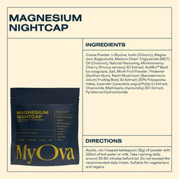 MyOva Magnesium Nightcap package with ingredients and directions on a beige background