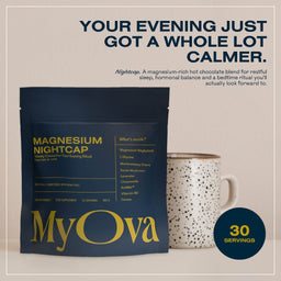 MyOva magnesium nightcap package with a mug on a beige background