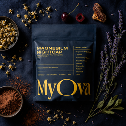 A stand-up pouch of MyOva Magnesium Nightcap supplement, styled in a flat lay with cocoa powder, dried flowers, lavender, and cherries on a dark textured background.