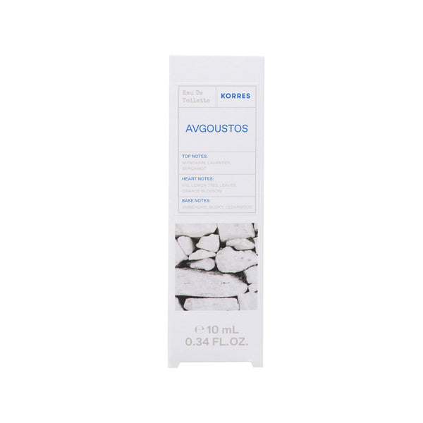 A tall, narrow white box for Korres Avgooust Eau De Toilette, featuring blue text and a graphic of white stones on a clean white background.
