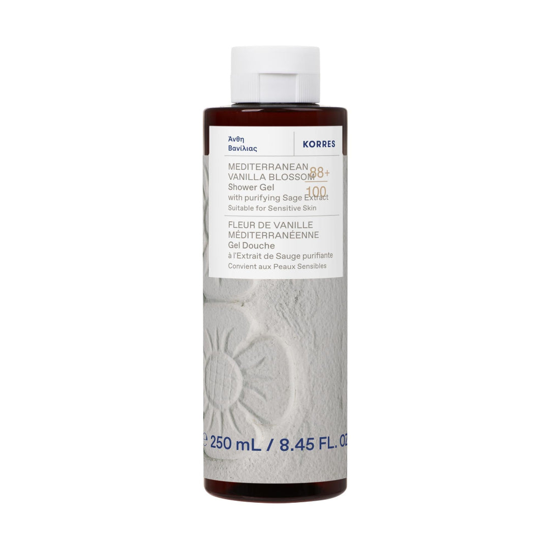 Korres Mediterranean Vanilla Blossom shower gel bottle on a white background