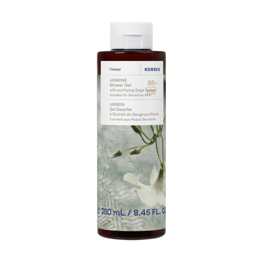 Korres Jasmine Shower Gel bottle on a white background
