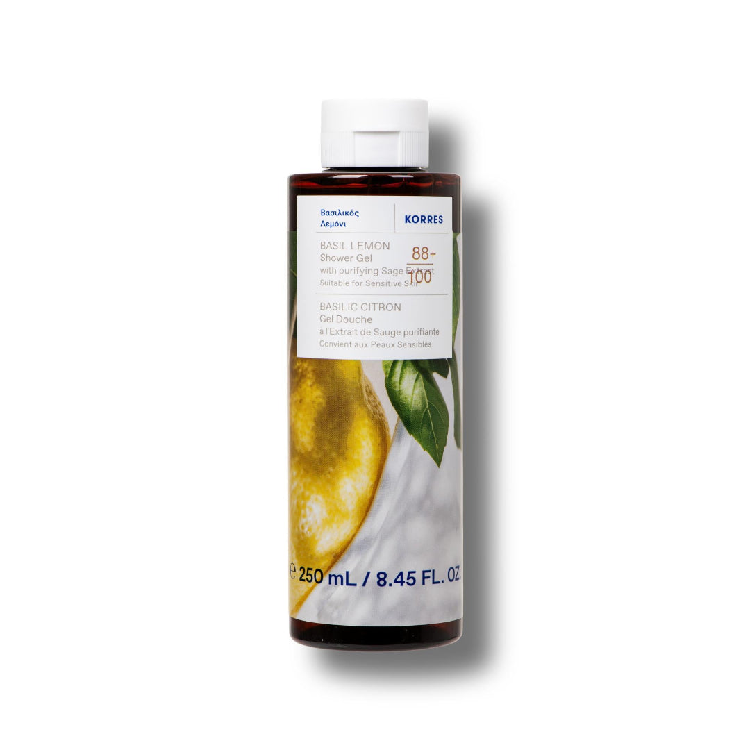 Korres Basic Lemon Shower Gel bottle on a white background