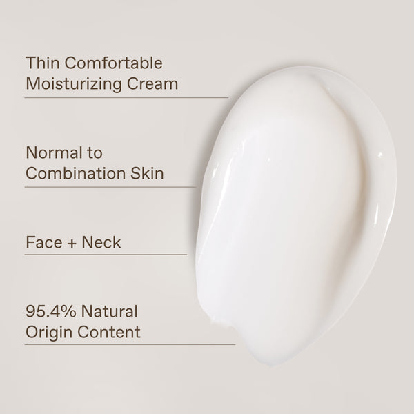A glossy white cream smear on a light beige background with text reading 'Thin Comfortable Moisturizing Cream,' 'Normal to Combination Skin,' 'Face + Neck,' and '95.4% Natural Origin Content.